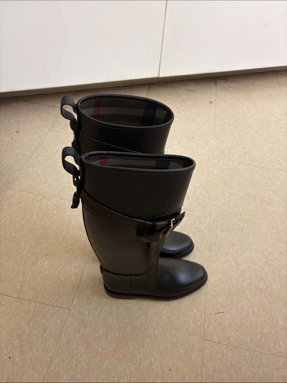 Burberry Black Tall Rubber Rain Boots with Buckle